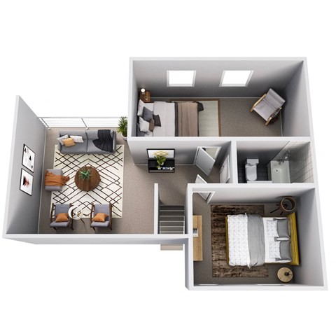 Floor plan for 2 beds, 1.5 baths, 1075 sqft